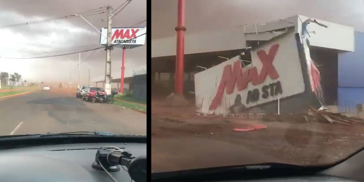 Impressionante: Vendaval derruba letreiro de supermercado e árvores no norte do Paraná