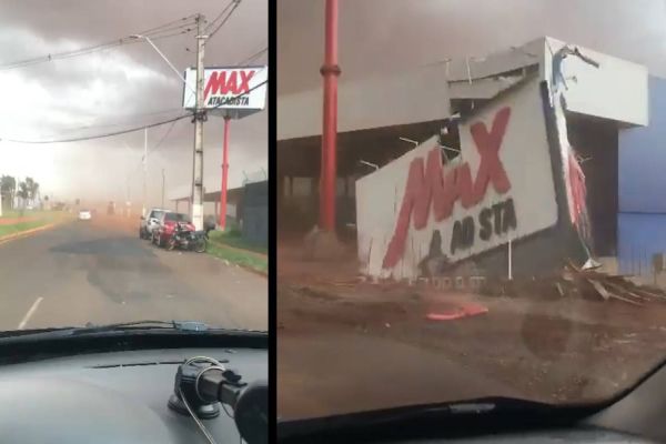 Imagem referente a notícia: Impressionante: Vendaval derruba letreiro de supermercado e árvores no norte do Paraná