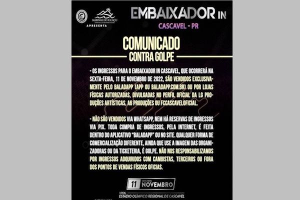 FC Cascavel emite alerta prevenindo golpes em ingressos do show do Gusttavo Lima