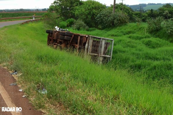 Imagem referente a notícia: Motorista de caminhão fica ferido ao sair da pista e capotar na BR 467