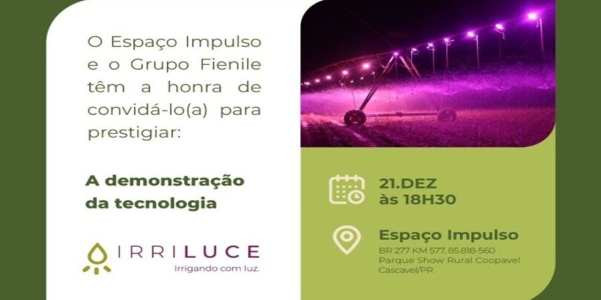 Grupo Fienile lança pivô de irrigação luminosa nesta quarta-feira no Espaço Impulso