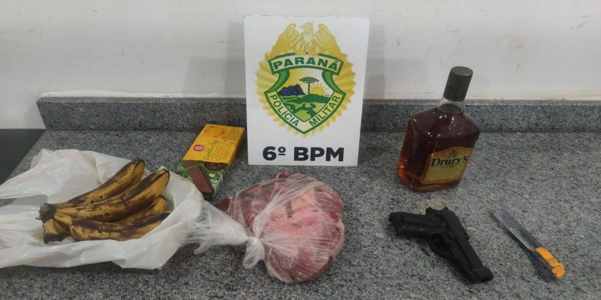 Trio é detido pela PM furtando carne, banana, wafer e whisky em mercado no Bairro Canadá