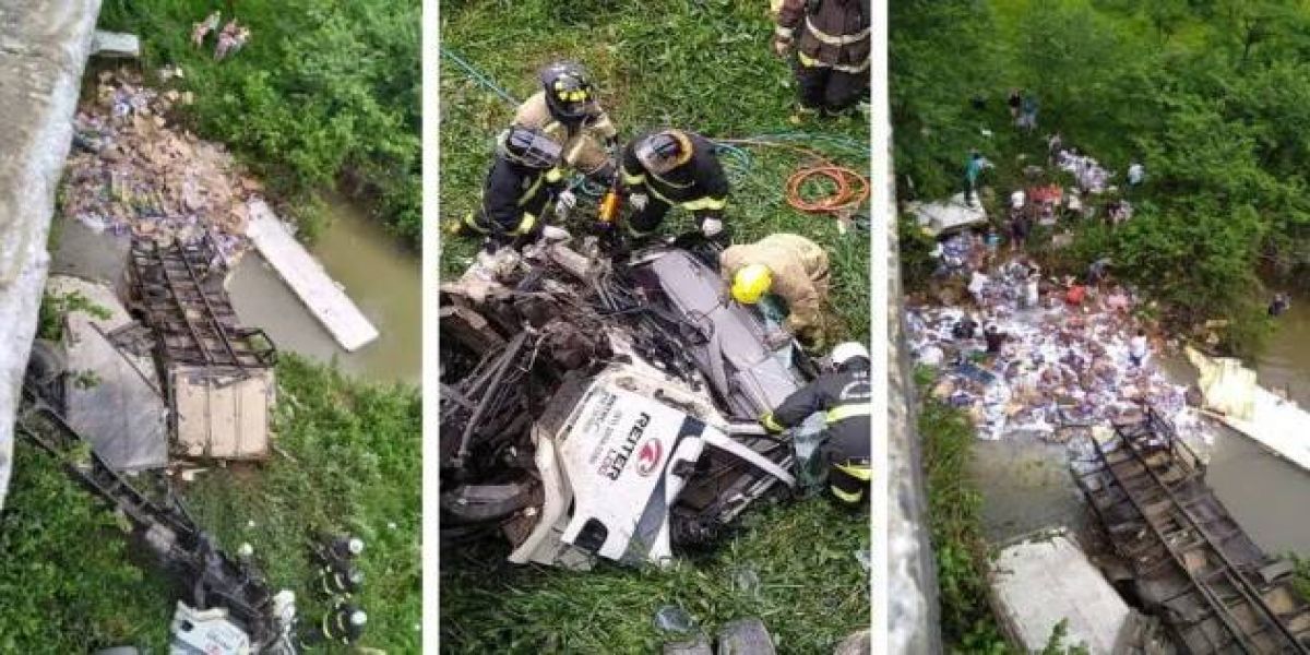 Motorista morre preso às ferragens após caminhão cair em rio; Populares saquearam a carga