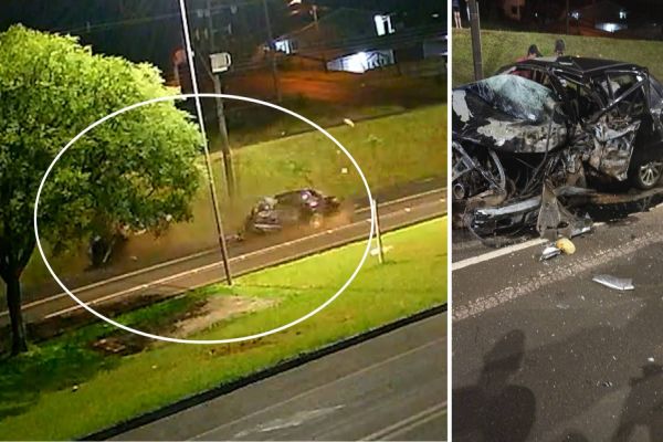 Imagem referente a notícia: Violenta colisão frontal é registrada no sudoeste do Paraná; Câmera de segurança registrou a batida