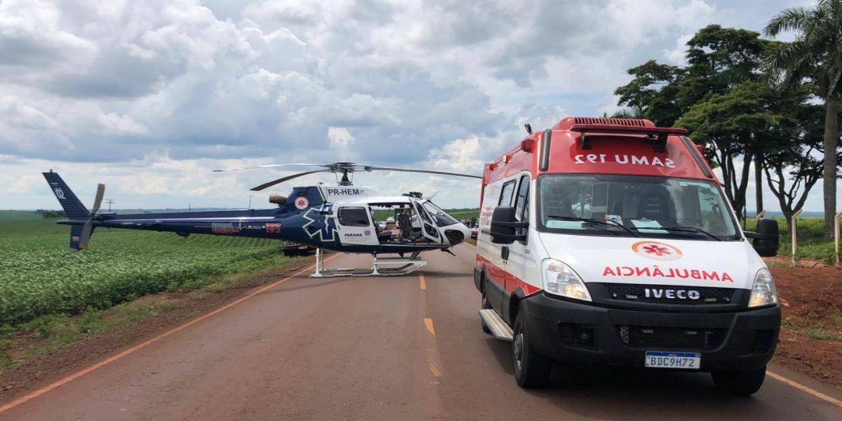 Mulher sofre TCE grave após acidente e mobiliza helicóptero e ambulância do Samu na PR-488