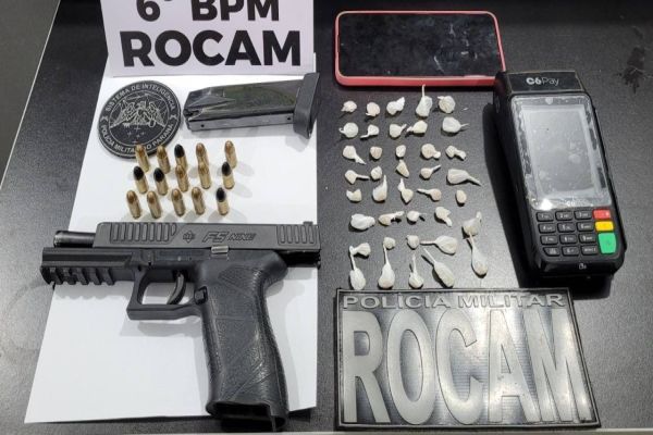 Homem é detido pela Polícia Militar com pistola Cal. 9mm e com pedras de crack no Bairro Pq Verde