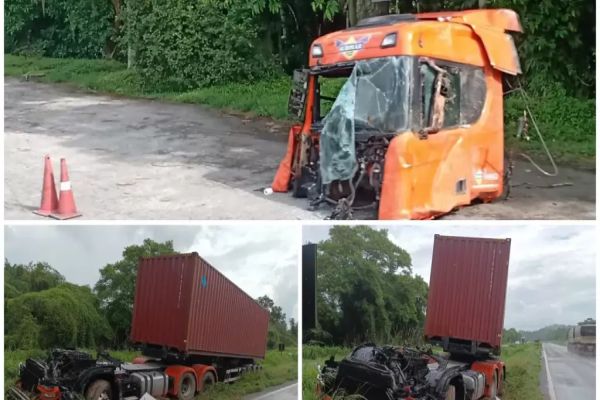 Caminhão sai da pista e cabine é lançada por vários metros, na BR-277