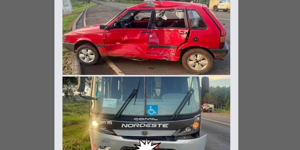 Acidente entre ônibus e carro deixa jovem ferido na PR-466, em Turvo
