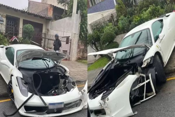 Ferrari de R$ 2 milhões fica com frente destruída após bater em lixeira com base de concreto