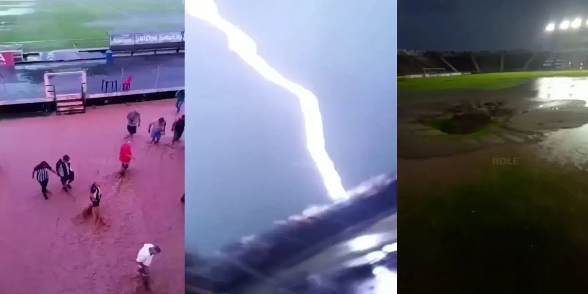 Vídeo mostra o momento em que raio atinge estádio de futebol durante tempestade