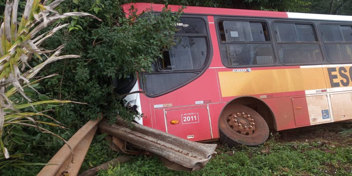 Ônibus escolar sai da pista após problemas mecânicos na PR-471 em Três Barras do Paraná