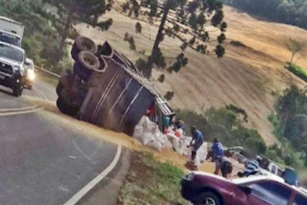 Bitrem carregado de soja tomba e carga é saqueada na Curva da Tangará