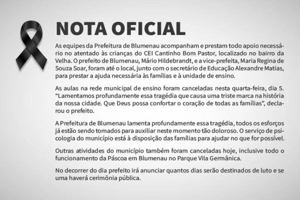 Prefeitura de Blumenau decreta 30 dias de luto oficial por tragédia no CEI Cantinho Bom Pastor