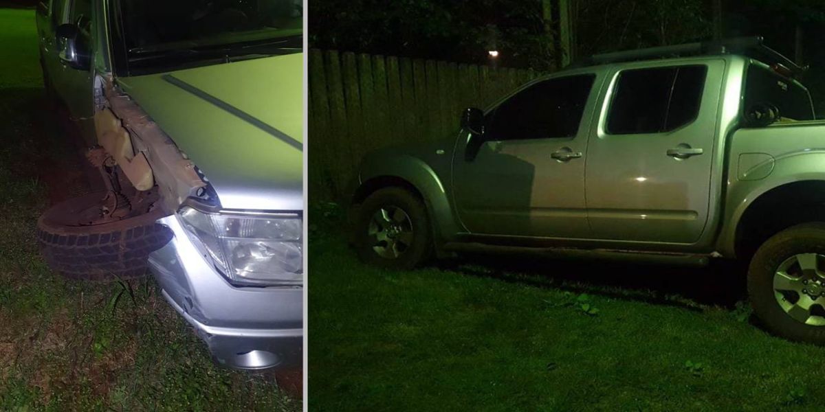 Caminhonete colide em caçamba de entulhos em Corbélia e condutor é preso por embriaguez ao volante