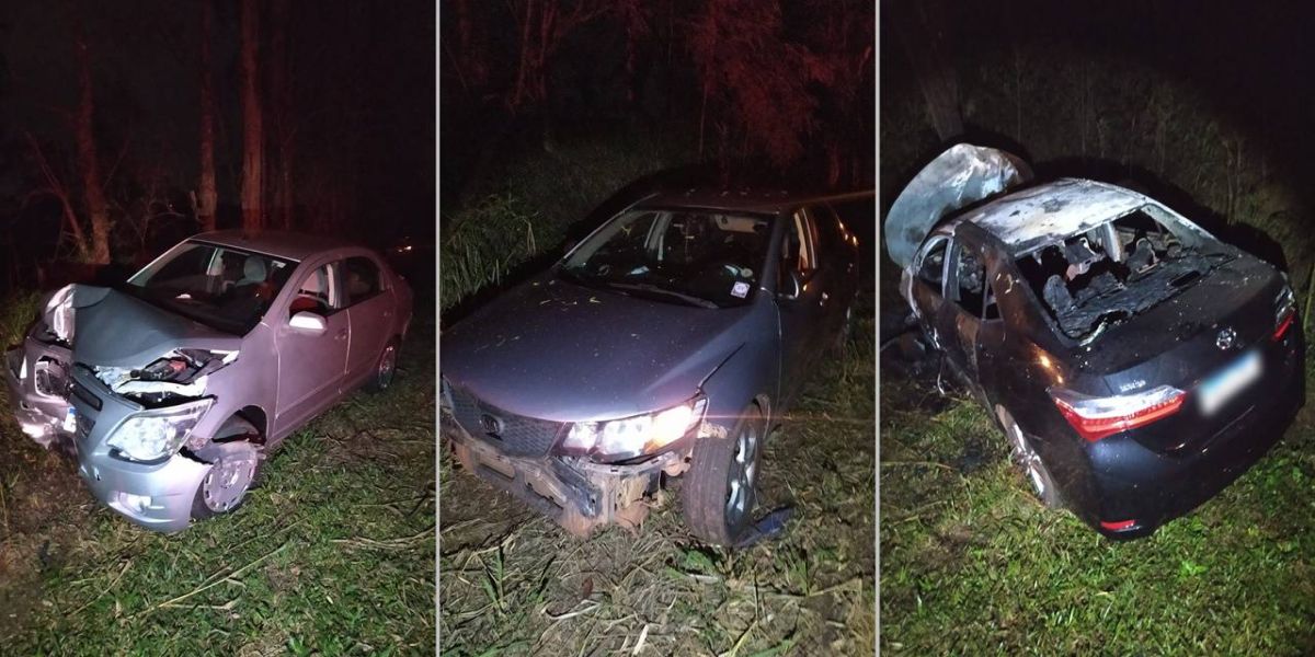 Corolla pega fogo após forte colisão entre três veículos na PR-180 em Cascavel