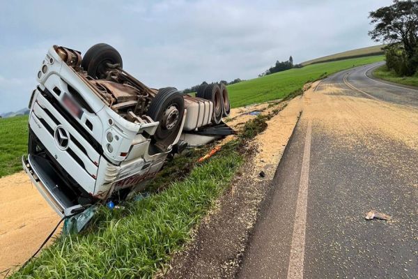 Imagem referente a notícia: Caminhão de Cascavel carregado com soja tomba na PR-281, mas motorista sai ileso