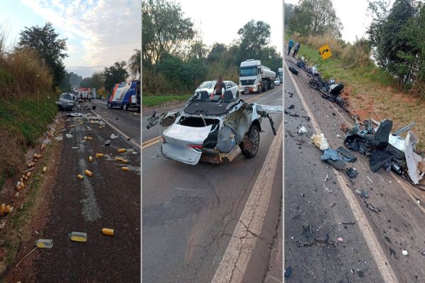 Imagem referente a notícia: Homem morre e outras três pessoas ficam feridos em violenta colisão na BR376; O carro partiu ao meio