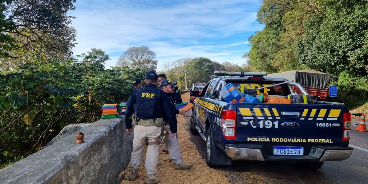 Caminhão com duas toneladas de maconha escondidas em carga de soja tomba na BR-277