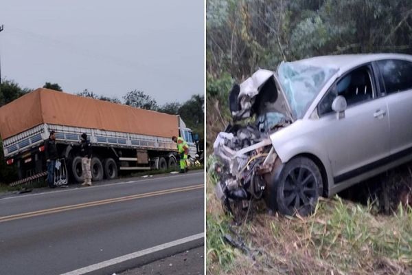 Colisão frontal entre caminhão e carro na BR-277 deixa motorista ferido e causa danos severos