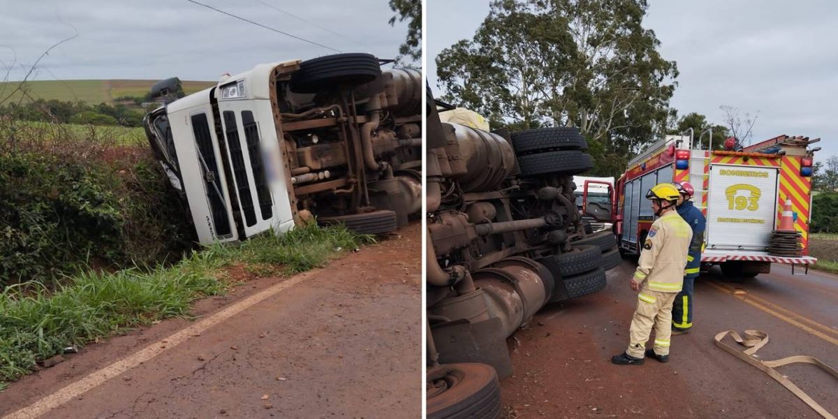 Acidente na PR-574 resulta no tombamento de caminhão-trator
