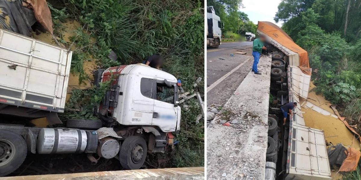 Carreta perde o freio, bate na traseira de caminhão e fica pendurada em ponte na BR-153