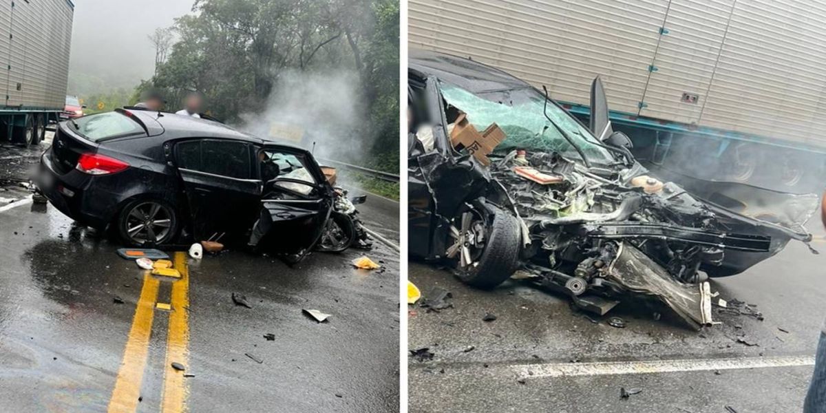 Duas pessoas ficam presas às ferragens em violenta colisão entre carro e caminhão na SC-418
