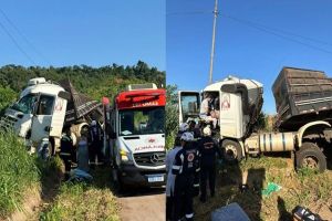 Imagem referente à notícia: Caminhão sai de pista na BR-163 em Santa Lúcia; Duas pessoas ficaram feridas