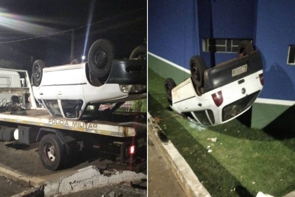 Carro capota em Nova Aurora após não fazer curva e colidir com mureta