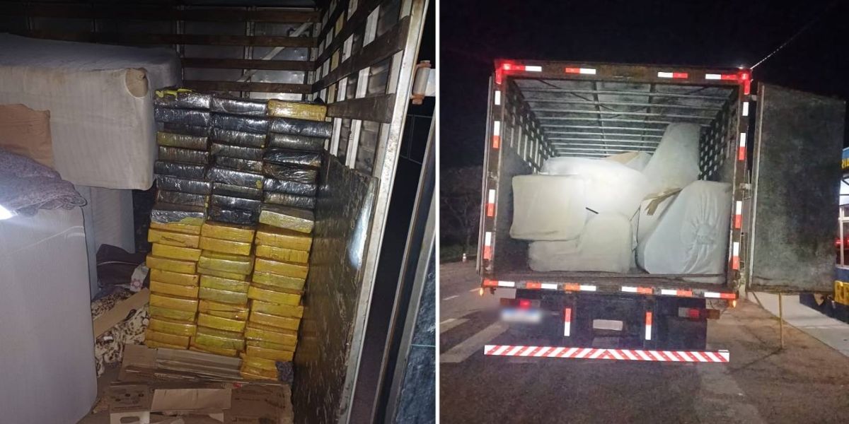 Mais de uma tonelada de maconha apreendida em Campo Mourão escondida em carga de sofás