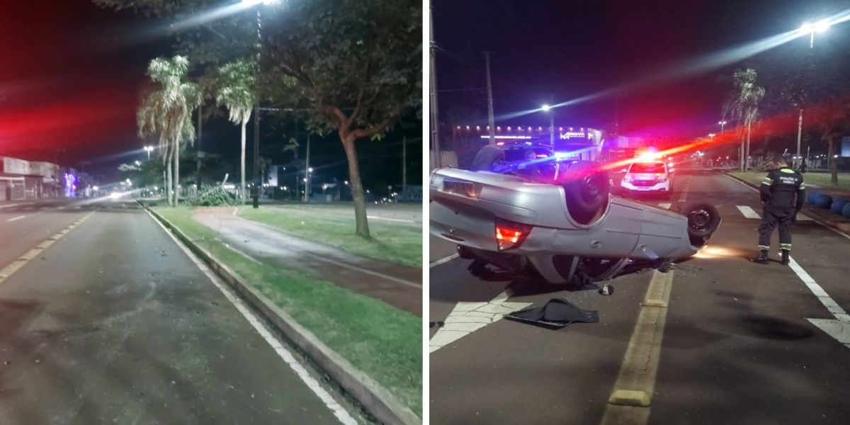 Motorista embriagado capota carro na Avenida Barão do Rio Branco em Cascavel
