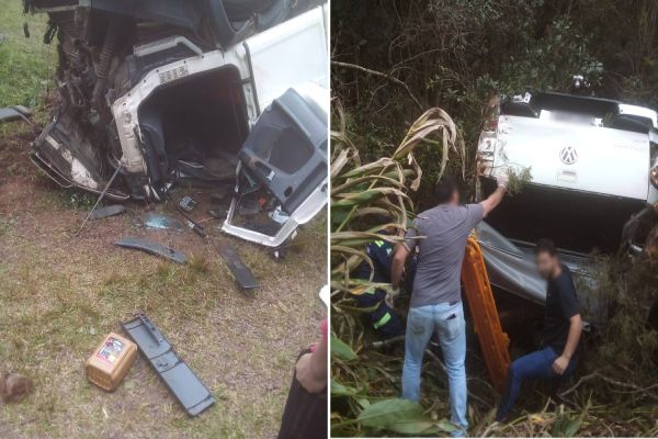 Caminhão colide em carro e tomba no trevo de Bituruna na BR-153; Caminhoneiro não sobreviveu