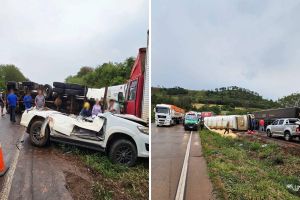 Imagem referente à notícia: Condutora morre após caminhão esmagar veiculo em acidente na BR-163, próximo a Santa Lúcia