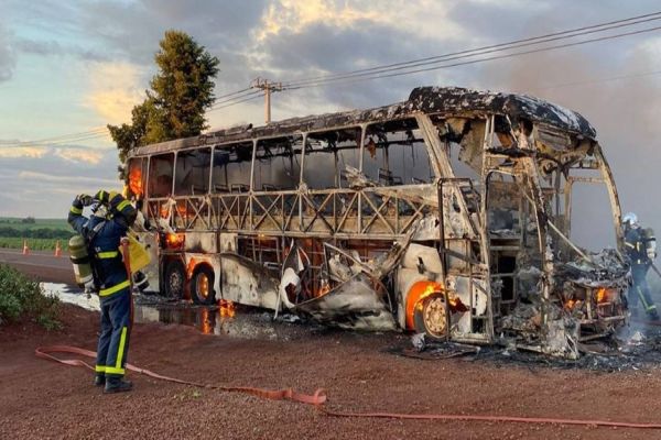Imagem referente a notícia: Ônibus pega fogo na PR-364 e é consumido pelas chamas; não há feridos