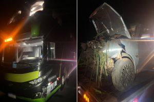 Imagem referente à notícia: Ônibus e carro colidem em ultrapassagem na PR-496, deixando uma pessoa ferida