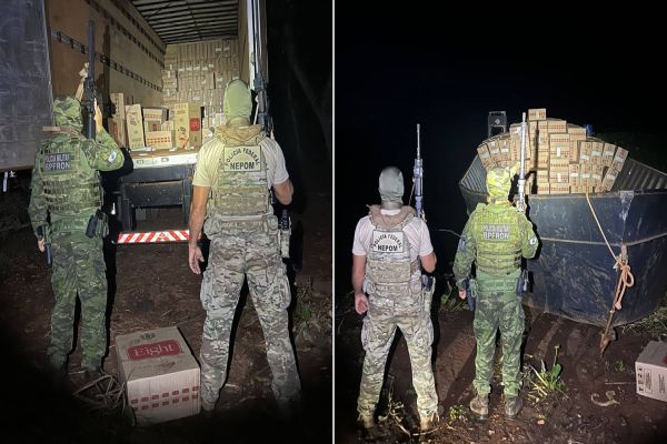 Imagem referente a notícia: Carga milionária: BPFRON e NEPOM apreendem carga de cigarros contrabandeados em Porto Mendes