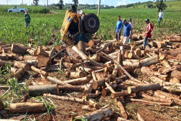 Imagem referente a notícia: Caminhão carregado de madeira tomba em Anahy