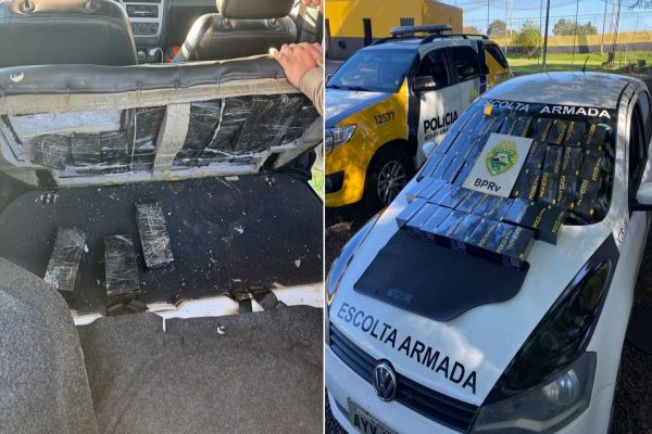 Imagem referente a notícia: PRE apreende 50 celulares contrabandeados escondidos em carro plotado de escolta armada na BR-277