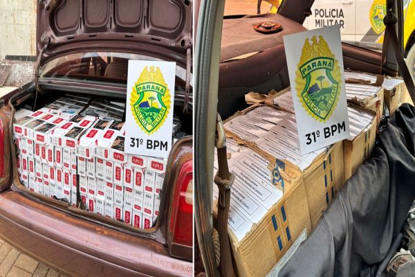 Imagem referente a notícia: Homem é preso com carro cheio de cigarros contrabandeados na saída de Cafelândia