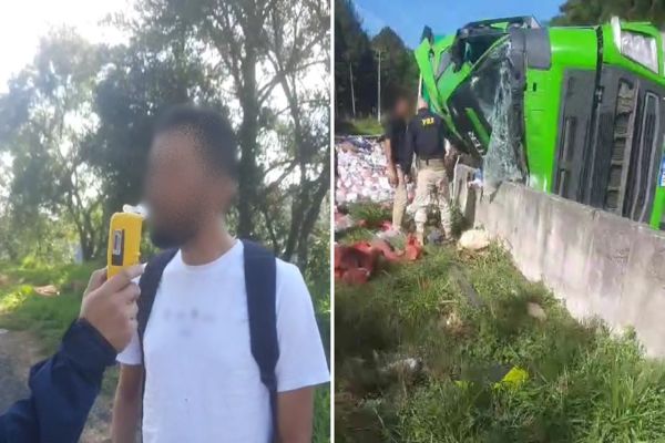 Imagem referente a notícia: Caminhoneiro tomba carreta carregada de bebidas e é preso por embriaguez na BR-116 no Paraná