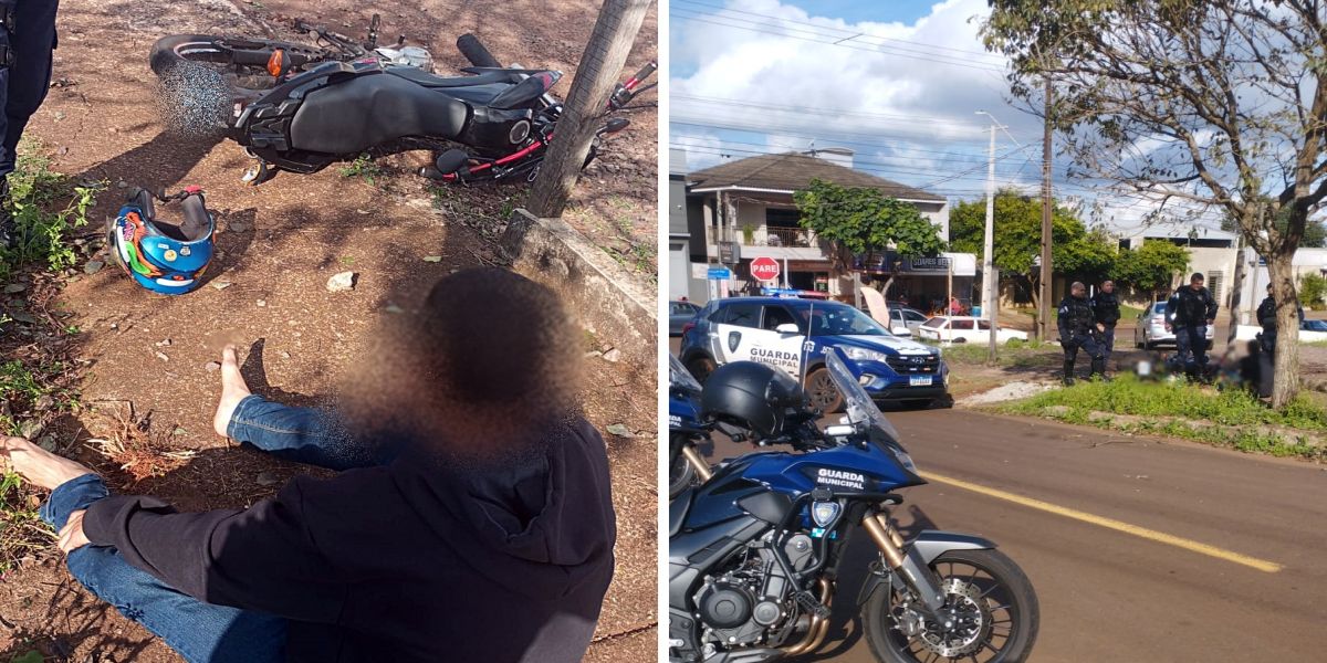 Jovem cai de moto ao fugir da Guarda Municipal após ser flagrado fazendo manobras perigosas na Rua Rio da Paz