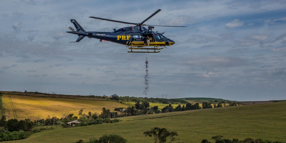 Helicóptero da PRF lança 10 toneladas de sementes para reflorestar áreas da Mata Atlântica no Paraná