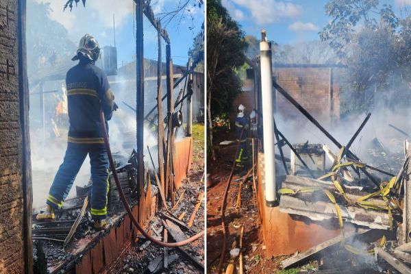 Incêndio destruiu casa de madeira em Bragantina e mobilizou Defesa Civil de Corbélia