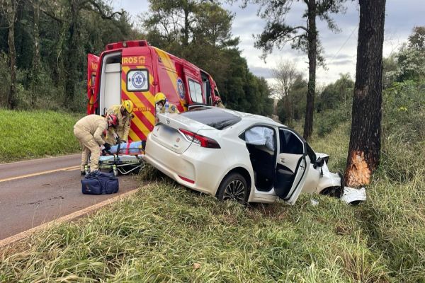 Mulher e criança ficam feridas após Corolla sair da pista e colidir em árvore na PR-180 em Cascavel