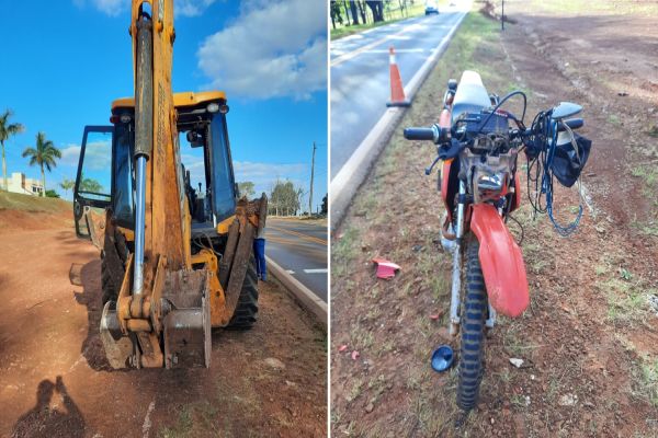 Imagem referente a notícia: Colisão entre moto e retroescavadeira deixa homem gravemente ferido em Santa Tereza do Oeste