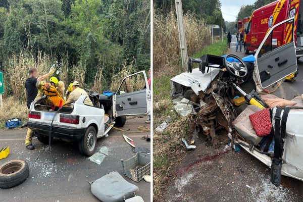 Imagem referente a notícia: Colisão frontal entre carro e caminhão deixa motorista gravemente ferido na BR-373