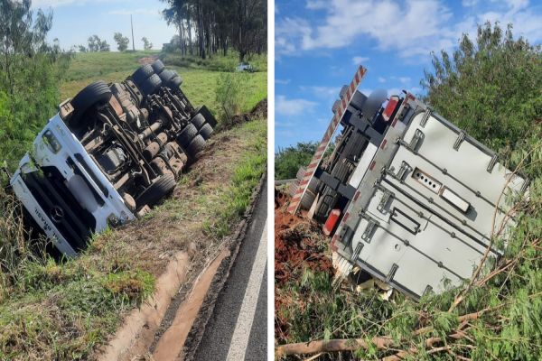 Caminhão tomba na PR-486 e deixa duas pessoas feridas em Alto Piquiri