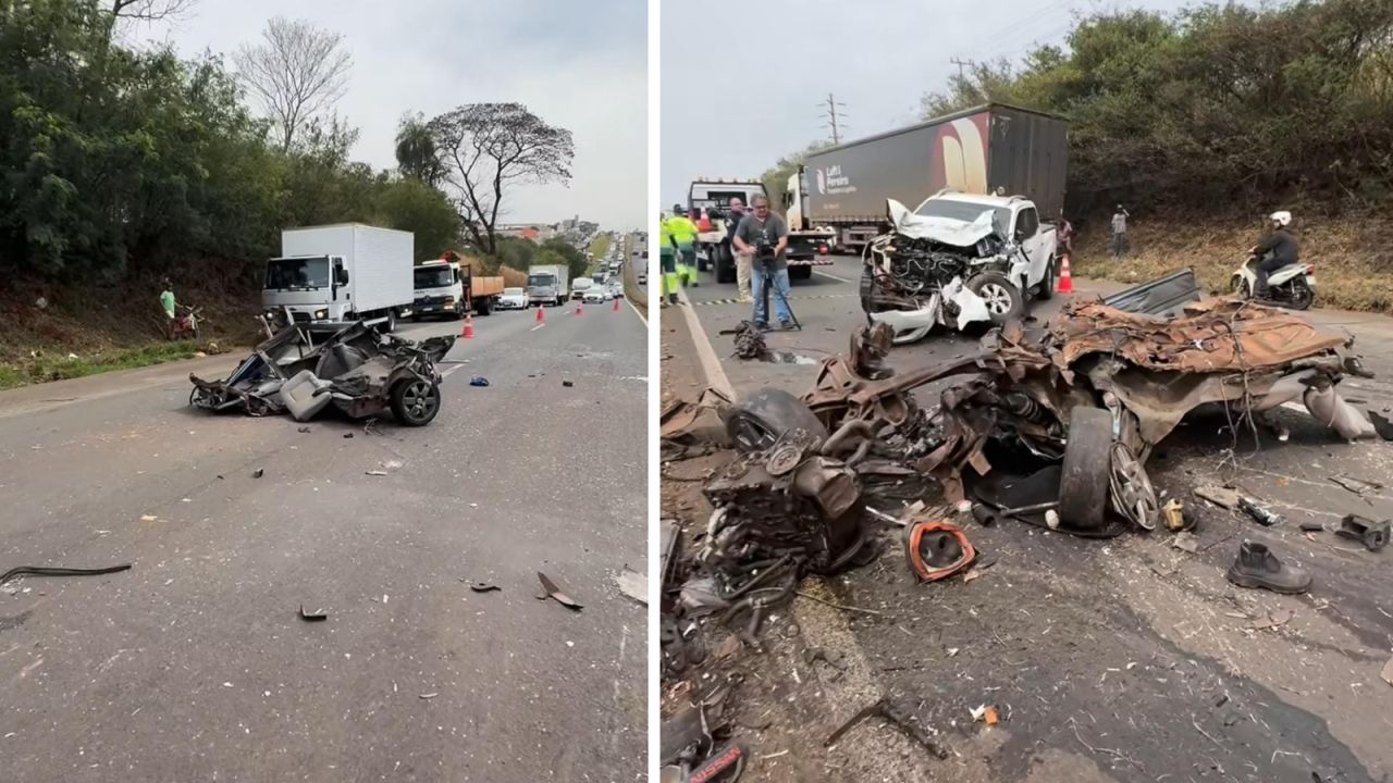 Carro parte ao meio em acidente violento na BR-376 e mobiliza helicóptero de resgate