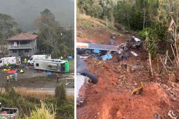 Imagem referente a notícia: Micro-ônibus da saúde tomba após colisão com carretas e deixa mortos e feridos na BR-116 no Paraná