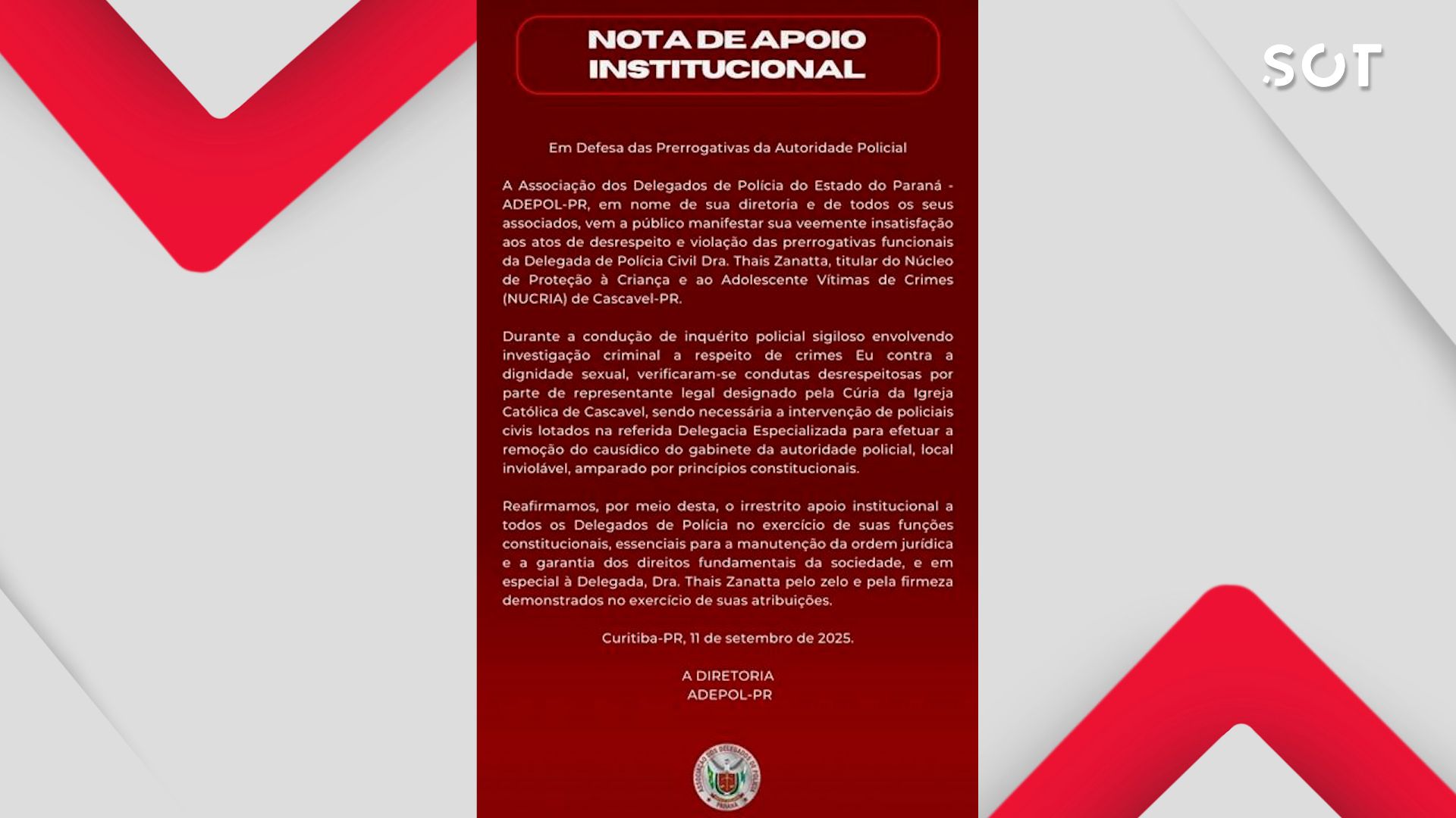 Delegada é alvo de desrespeito em Cascavel e Adepol-PR reage com nota contundente
