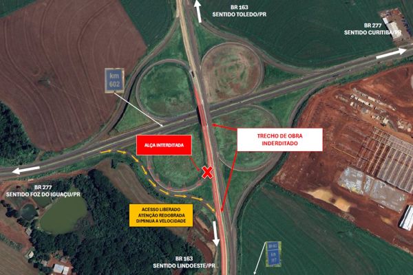 Troca de placas no pavimento rígido demanda interdição de alça do viaduto que interliga as BRs 163 e 277, em Cascavel